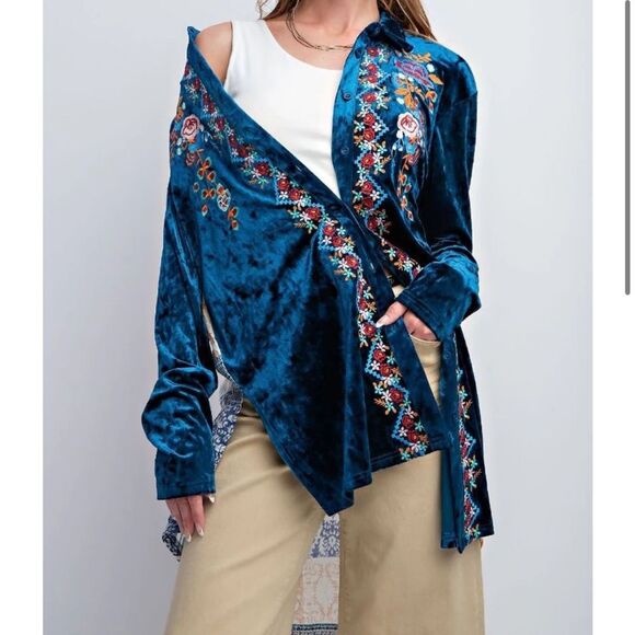 Easel Blue Crushed Velvet Embroidered Floral Patchwork Tunic Dress (1X) - Picture 2 of 13
